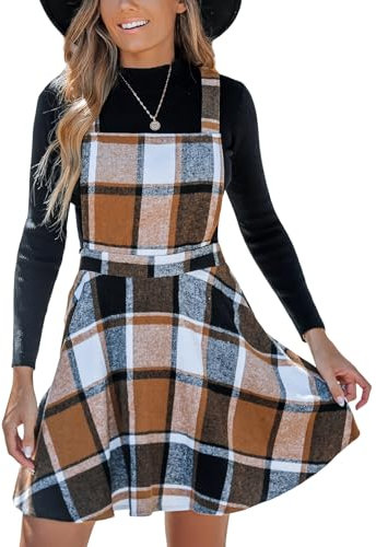 CUPSHE Women's Overall Dress Square Neck Plaid Sleeveless Casual Short A Line Cute Fall Mini Pinafore Dresses Khaki Plaid, XL