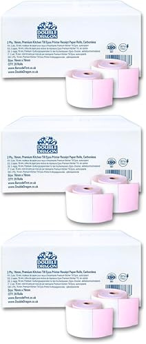 2 Ply, 76mm x 76mm, Carbonless Paper Rolls, Non-Thermal, for Kitchen Printer, Dot Matrix Impact Printer, Non-Thermal Cash Register, Printing Calculator, Till Epos PDQ Receipt Printer. Box of 20 Rolls