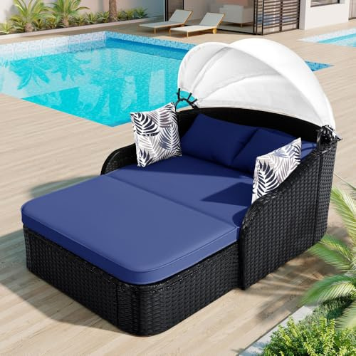 GO 79.9 Outdoor Sunbed with Adjustable Canopy, Double Lounge, PE Rattan Daybed, Wicker and Cushion (Black+Blue)