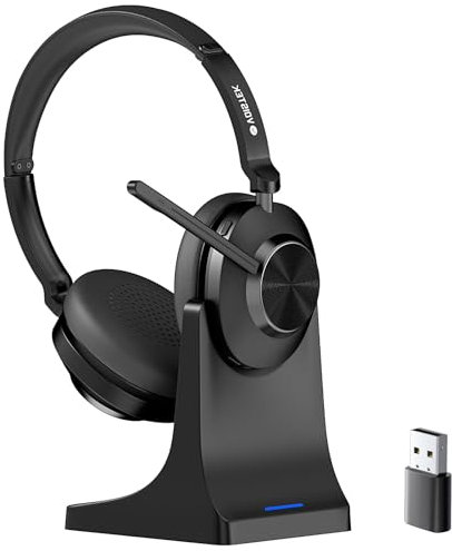 Voistek Auriculares inalámbricos Bluetooth con micrófono, auriculares inalámbricos con estación de carga y dongl USB para PC, teléfono móvil, oficina, micrófono, reducción de ruido y silencio para