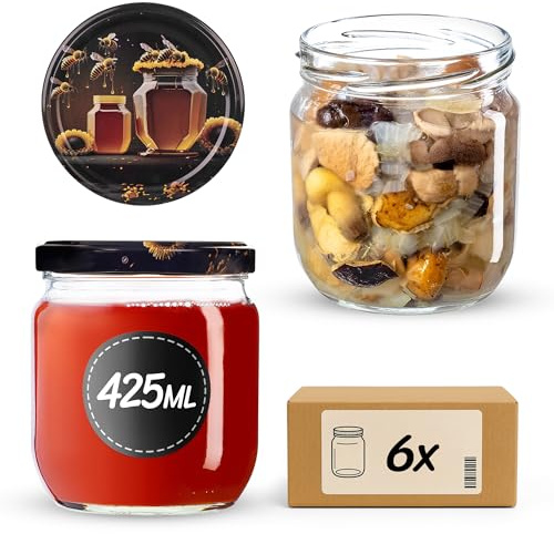 KADAX Tarros de conservas de 425 ml, con tapa de rosca fi82, tarros con tapón de rosca, tarros de conserva, tarros para mermeladas, conservas, miel (6 unidades)