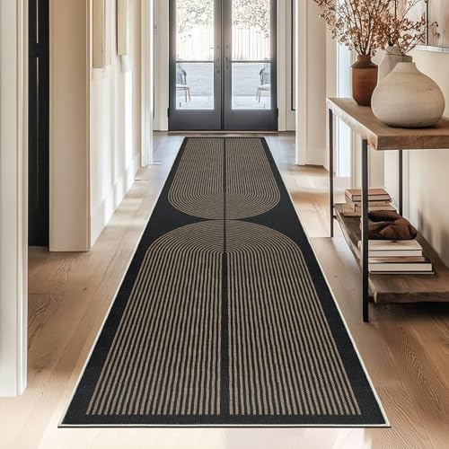 Capslpad Alfombra de pasillo 80 x 300 cm con aspecto de yute, alfombra de cocina, lavable natural, alfombra negra y marrón, antideslizante, pasillo, cocina, dormitorio, balcón