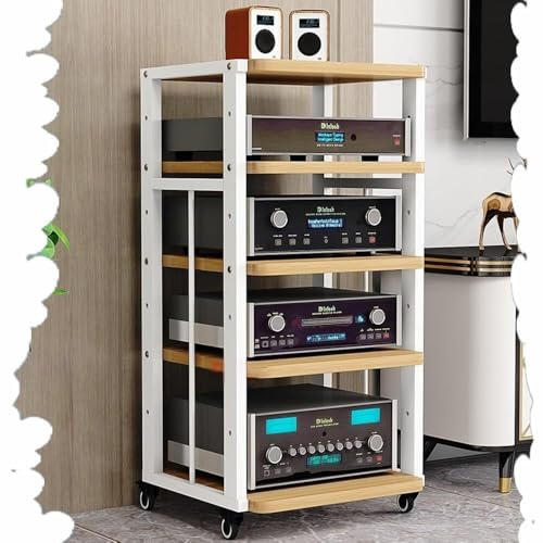 HiFi-ställ, AV-mediastativ Med Hjul, 3/4/5-vånings Audio-videohylla, Förstärkarställ, Stereoskåp I Trä, Justerbara Hyllor, CD-spelarestativ For Hemmabio/kontor(White+walnut,5 Tier)