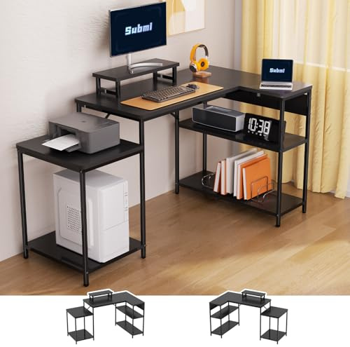 Submi Escritorio Esquinero, 152x80cm Mesa Escritorio en L con Monitor Stand, Escritorios Esquina Reversible con Almacenamiento para Oficina en Casa, Altura Regulable Escritorios Gaming, Negro