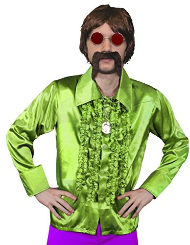 Mens 70s Disco Fancy Dress Costume - Mens Short Brown Wig, Green Disco Shirt, Gold Medallion, Red Coloured Glasses + Brown Moustache - Funky Fancy Dress Costume - Green Shirt (X-large)