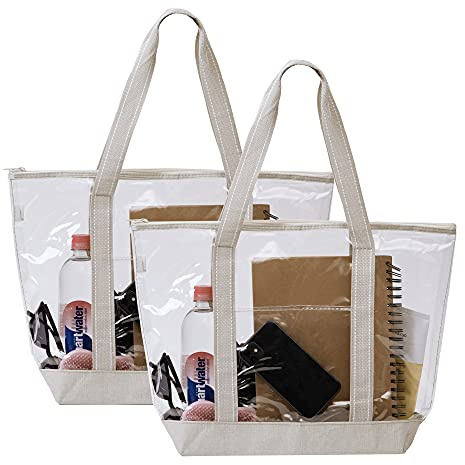 VENO 2 Pezzi Borsa Trasparente con Cerniera e Tasca frontale, Borse PVC, Borsa a Tracolla, Borsa Mare Impermeabile per Lavoro, Stadio, spiaggia, concerto, parco acquatico, all'aperto (Beige, 2 Pack)