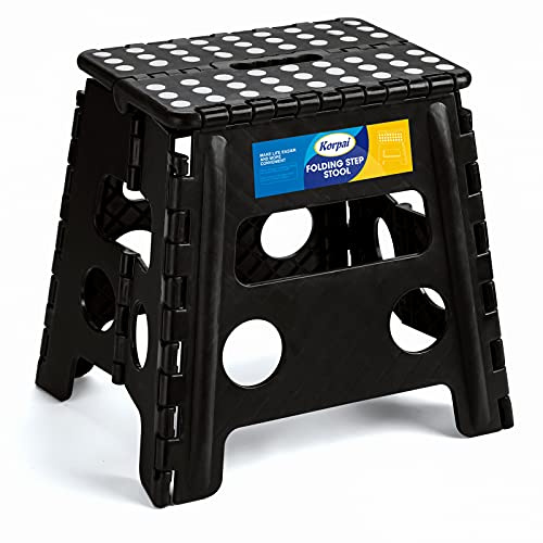 Korpai Folding Step Stool 13 inch,Stepping Stool for Adults and Kids Holds Up to 300 lbs,Non-Slip Kitchen Step Stool with Handle,Plastic Collapsible Stool for Bathroom,Kitchen ect,Black,1PC