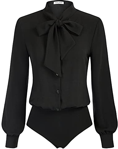 Kate Kasin Women Black Bodysuit Button Up Work Shirt Business Casual Outfits Fall Tops Long Sleeve Bow Tie Blouse L