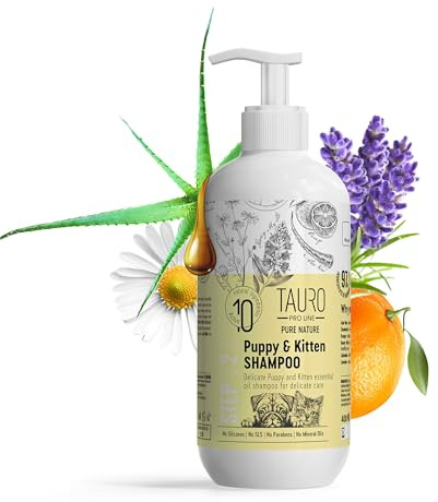 Tauro Pro Line Pure Nature valp- och kattungeschampo – skonsamt känsligt skötselvård med eteriska oljor, fuktgivande och återfuktande schampo, klåda hudlindring, för mjuk päls och hud, alla
