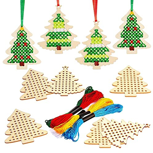 punto cruz para niños | punto cruz madera Navidad con agujeros | Adornos colgantes árbol para arte y manualidades hilos coser para niños y adolescentes