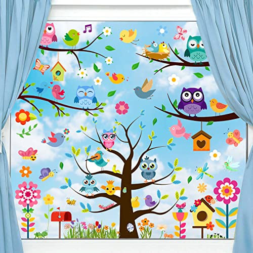 9 Blätter Fensterbilder, Frühling Fenstersticker 106 Stk,Selbstklebend Fenster deko Aufkleber Sommer Deko Fensterfolie, Fenstersticker Eule Blumen Schmetterlinge Fensterdeko für Kinderzimmer Party