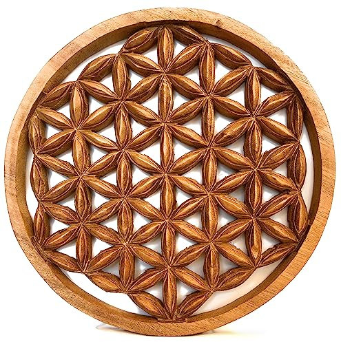 Trintura Blume des Lebens Wandbild Lebensblume Energiebild Holzbild Handarbeit aus Akazien-Holz groß Wand-Bild-Dekoration Esoterik Geschenk Holzdeko braun Bild Feng Shui (30cm)