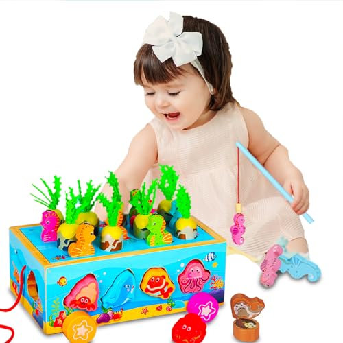 SUNLIRY Montessori Spielzeug ab 3 4 5 6 Jahre Kinder Steckspiel Holzspielzeug ab 1 Jahr Lernspielzeug Motorikspielzeug Magnetisches Angelspiel ab 2 3 4 5 6 Jahre Geschenk 3 4 5 6 Jahre Mädchen Junge