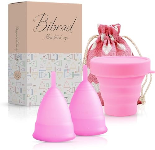 Bibrad Menstruationstasse - 2 Menstruationstassen der Größen M, Sterilisator und Baumwolltragetasche - 100% weiches medizinisches Silikon, waschbar und wiederverwendbar