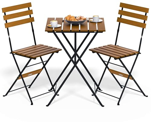 CASARIA® Set Muebles de Balcón 3 Pzs Mesa 2 Sillas Jardín Plegables Completo Metal Madera Acacia Certif FSC®
