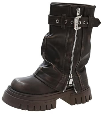 Stivali da Donna Autunno e Inverno, Cavaliere Stile Retrò, Testa Rotonda, Fondo Spesso, Corti, Casual, Biker, Occidentali