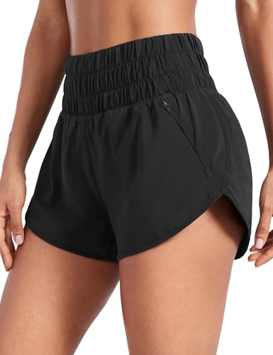 CRZ YOGA High Waisted Dolphin Running Shorts for Womens Mesh Liner for Gym Workout Athletic with Zipper Pocket Black Large