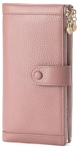 FALAN MULE Geldbeutel Damen Groß aus Echtes Leder, Geldbörse für Damen mit RFID Schutz, Langformat Portemonnaie mit 13 Kartenfächer und Reißverschluss Handyfach (A-tiefrosa)