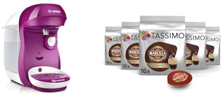 Bosch TAS1001 TASSIMO Happy Cafetera de Cápsulas, 1400 W, Color Rosa + Tassimo Cápsulas de Café Marcilla Espresso - 5 Paquetes de 16 Cápsulas: Total 80 Unidades