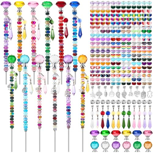 UFU 310Pcs DIY Fairy Wand Beaded Garden Stakes Kit, Fairy Wands Kit with Sparkling Crystal Pendants, Suitable for Different Holidays Garden Stakes Decorative Outdoor Beadable Items(10&12IN)