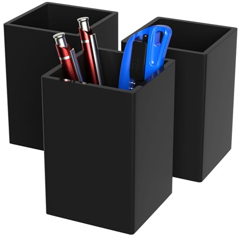 AITEE Portapenne in acrilico nero, 3 pezzi, portapenne, organizer da scrivania, quadrato, portapenne, portapenne, per ufficio, scuola, uso domestico (7,6 x 7,6 x 10,9 cm)