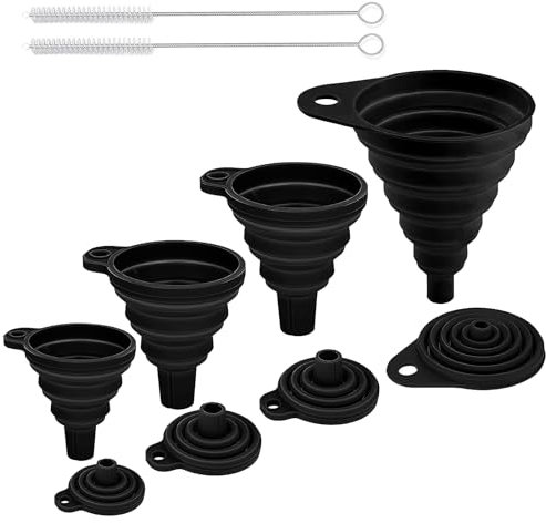 Imbuto pieghevole, 4 misure, imbuto in silicone per cucina con 2 spazzole per cannuccia, set di imbuto pieghevole, per trasferimento di liquidi da cucina