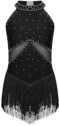 Konståkning Klänning Barn Flickor Strass Frange Body Figur Skridskoåkning Tofs Body för Gymnastik Cha-Cha Tango Latin Danskläder Flicka Ballettklänning (svart, 6)
