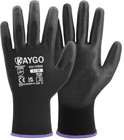 KAYGO 12 pares de guantes de trabajo para hombres y mujeres, guantes de protección recubiertos de PU, agarre antideslizante en palmas y dedos, adecuados para trabajos generales (Negro, XS, talla 6)