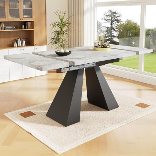 DRIXNO Esstisch Teleskoptisch(99-159×74cm), Ausziehbarer Esstisch, Platzsparender Küchentisch,Breite Arbeitsfläche, Homeoffice und Wohnzimmer, Grauer Tischplatte mit Säulenbeinen
