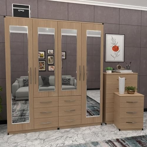 Ready Assembled Bedroom Furniture, 4-Door Mirrored Wardrobe Set with 5-Drawer Chest and Bedside Table, 156 cm (Oak)