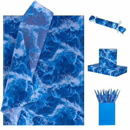 Larcenciel Papel de Seda Azul Acuarela, 30 Hojas Papel Seda para Envolver con Ondas Marinas, Exquisito Embalaje Regalo con Motivos de Ondas de Agua para Boda Cumpleaño Fiesta Manualidade DIY, 50x35CM