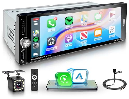 Rimoody trådlös CarPlay bilradio 1 DIN med trådlös Android Auto, iOS/Android Mirror Link, 6,9-tums pekskärm, Bluetooth, FM-radio, USB/AUX/DVR/EQ/Type C, rattkontroller, backkamera