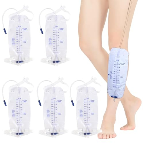 1000ml Urinbeutel Katheter Beinbeutel, 5 Stück Urinbeutel Beinbeutel, Urinsammelbeutel Drainagebeutel mit 2 Riemen, Beinbeutel, Katheterbeutel mit Ventil T-Ablass und Stoffbänder (5X1000ML)