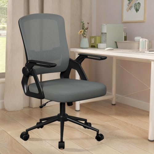 naspaluro Ergonomic Office Chair, Flip-up Armrest Mesh Desk Chair Dark Grey | Height Adjustable Executive Work Computer Chairs with Padded Seat Cushion, Swivel Chair with Lumbar Support for Home/Office