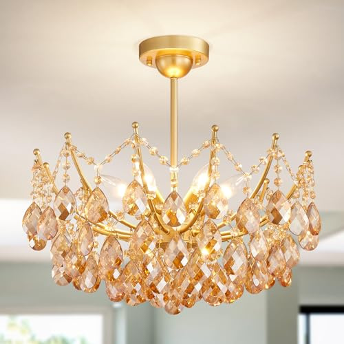 WUZUPS lámpara de cristal 6-luz colgante luz de techo luminaria moderna para dormitorio pasillo bar cocina baño, H 48.7 x W 50, base E14, Oro