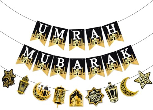 AhfuLife Umrah Mubarak, dekorationsbanderoll, ramadandekorationer för hem – förmonterade banderoller, islamisk stjärna, månlykta, girlang, streamer för festdekorationer (Umrah Mubarak)
