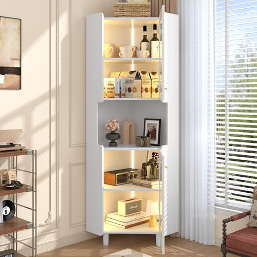 Gelukueub Armadio angolare bianco con strato di vernice e illuminazione a LED – Comò angolare multifunzionale per soggiorno, libreria, bagno, camera da letto, sala da pranzo, pannello MDF con