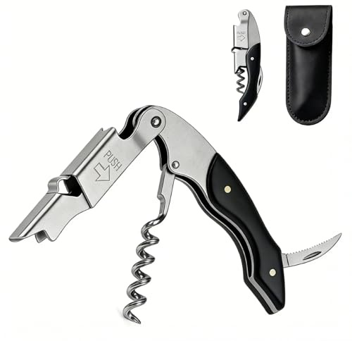 Sacacorchos profesional de acero inoxidable con funda de piel – 3 en 1 abridor de vino, cuchillo de camarero de madera perfecto como regalo de cumpleaños, Pascua, Año Nuevo o como regalo para un