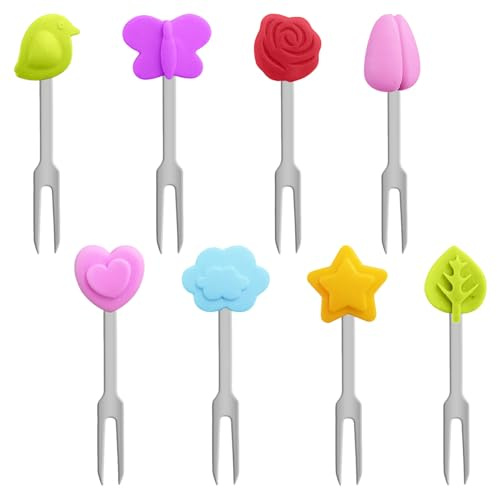 SYEYCW 8 Piezas Tenedores de Frutas de Acero Inoxidable, Tenedores de Silicona con Dibujos Animados para Fruta, Queso, Aperitivos, para Fiestas, Picnics, Hogar, Cocina, Accesorios para Fiambreras