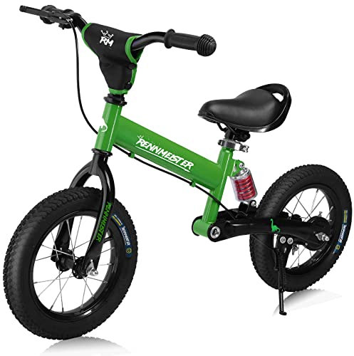 RENNMEISTER® Laufrad ab 3 Jahren mit Bremse Balance Bike Kinder bis 50kg Lenker & Sattel Höhenverstellbar Lauflernrad Luftreifen Fahrradständer Federung Mädchen Grün