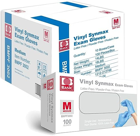 Basic Medical Synmax - Guanti in vinile per esami senza lattice e polvere, misura media, 1000 pezzi