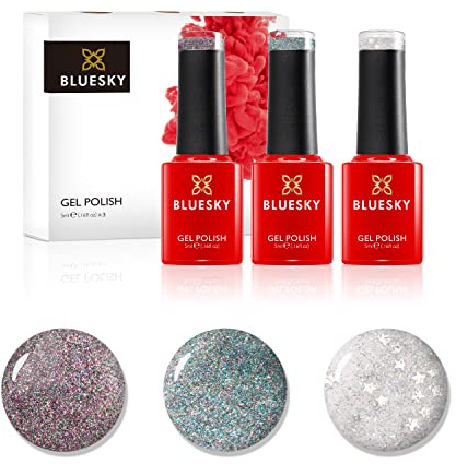 Bluesky Gel Nail Polish Set, Glitter Top Coats - 3 x 5ml Gel Polish Top Coats with glitter pieces (Requires curing under UV/LED Lamp)