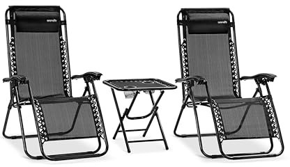 SereneLife Set de 2 Chaises Longues - Chaises Pliantes pour Extérieur avec Table Latérale, Porte-Gobelets, Oreillers Amovibles - Patio, Jardin, Plage - Noir