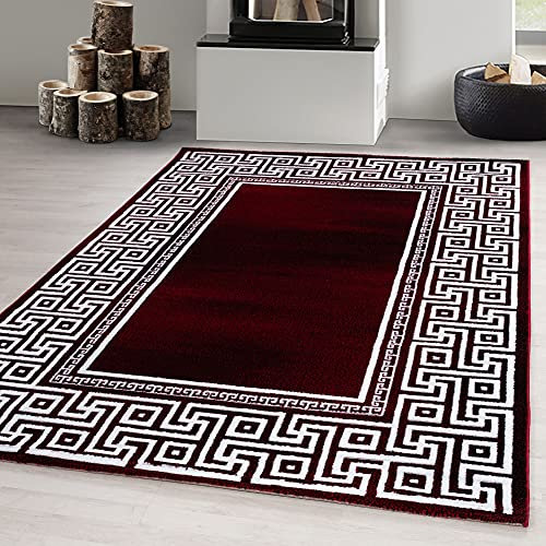 Carpetsale24 Teppich Wohnzimmer 140x200 cm Rot Modern Mäander Design Kurzflor Schlafzimmer Esszimmer Küche Jugendzimmer Waschbar Pflegeleicht Extra Weich