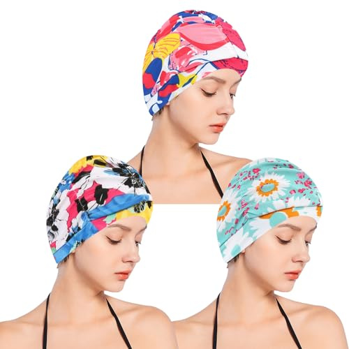 SUNTRADE Women Nylon Swim Caps, Fabric Cloth Pleated Elastic Swimming Cap Bathing Cap Swim Hats for Thick Curly Long Short Hair,3 pcs (Flower)