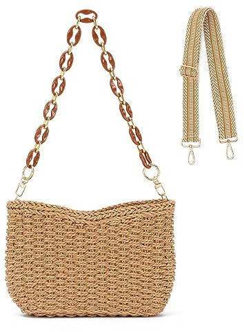 SUKUTU Bolso de Paja Trenzada para Mujer Bolso de Playa de Verano Bolso Bandolera con Cadena