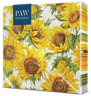 PAW - Servilletas de Papel 3 Capas (33 x 33 cm) | 20 Unidades | Servilletas Decorativas con Temática de Otoño | Diseño de Hojas | Ideal para Decoración Otoñal y Eventos | Color: Dancing Sunflowers