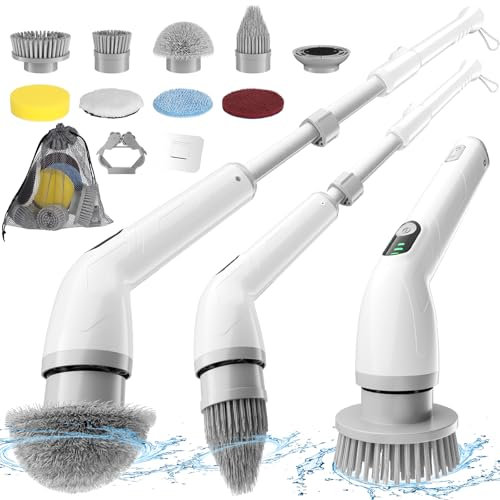 YISSVIC Elektrische Reinigungsbürste mit 8 Bohrbürstenköpfen Schnurlos Verstellbarem 115cm Griff für Bad Fliesenboden und Auto Reinigung zuhause
