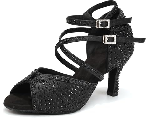 YCALCP Zapatos de Baile Latino Mujer Negro con Pedrería Salsa Bachata Vals Zapatos de Baile de Salón, 37.5 EU