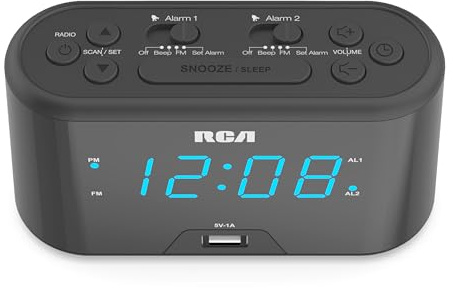 RCA RC571 Digital Alarm Clock Radio with Large Numbers and USB Charging, LED Display, Brightness Display, FM Radio with Presets, Dual Wake, Sleep Timer and Snooze Functions, Black